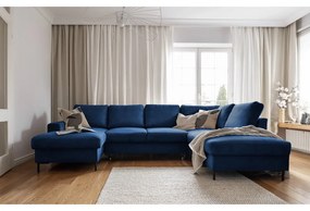 Divano letto angolare in velluto a coste blu scuro (angolo destro) Lofty Lilly - Miuform