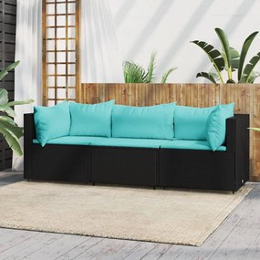 Set divani da giardino 3 pz con cuscini nero in polyrattan