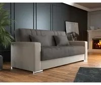 Divano letto Dmede, Divano letto contenitore a 3 posti in ecopelle e tessuto, Sof da soggiorno con apertura click-clack e 2 cuscini inclusi, 230 x96h101 cm, Beige e Grigio