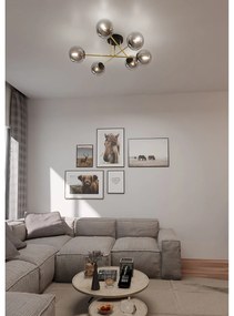 Plafoniera Moderna Magnium 6 Luci In Acciao Oro E Sfere In Vetro Fumè