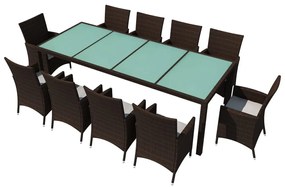 Set da pranzo da giardino 11 pz e cuscini in polyrattan marrone