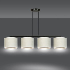 Lampadario 4 Luci Ganesha In Acciaio Nero E Paralumi In Tessuto Beige