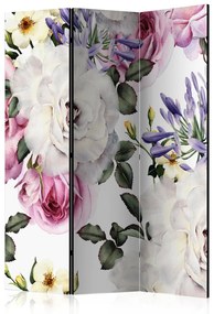 Paravento Prato fiorito - fiori colorati con foglie su sfondo bianco chiaro