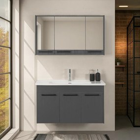 Mobile bagno sospeso 100 cm grigio effetto legno con armadietto a specchio Sofia