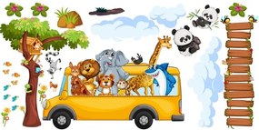 Adesivo murale per bambini animali safari nell'autobus 80 x 160 cm