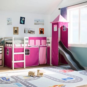 Letto A Soppalco Con Torre Bambini Rosa 80x200cm Massello Pino /