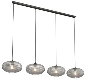 Lampadario 4 Luci Iris In Acciaio Nero Paralume Plissettato Fumè