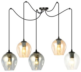 Sospensione 5 Luci Parsifal In Acciaio Nero E Vetro Multicolor Con Cavi Lunghi