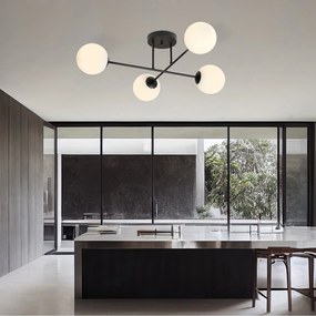 Plafoniera Moderna Morrigan 4 Luci In Acciao Nero E Sfere In Vetro Bianco