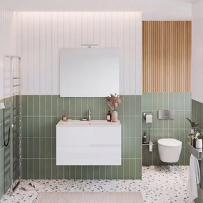 Composizione Eva 80 cm, con due cassetti, Bianco Lucido, lavabo in ceramica, specchiera e lampada LED