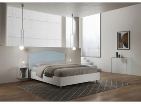 Letto contenitore da 160x190 in legno bianco e testata in microfibra azzurro Antilia