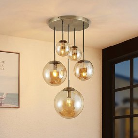 Lampada a sospensione Lindby Teeja, ambra, a 5 luci, Ø50cm, vetro, E27