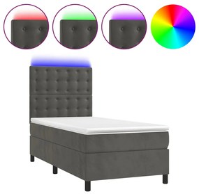Letto a molle con materasso e led grigio scuro 90x190cm velluto
