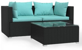 Set divani da giardino 3 pz con cuscini in polyrattan nero