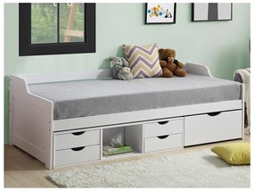 SALDI -  Divanetto letto con vani portaoggetti + materasso 90 x 190 cm in Pino Bianco - ADELISE