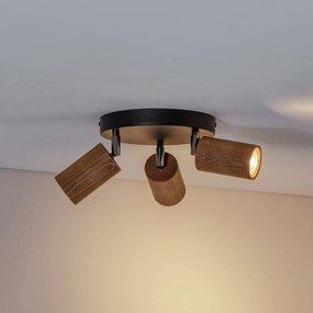 Luminex Plafoniera Nise, a 3 luci, rotonda, acciaio nero, legno