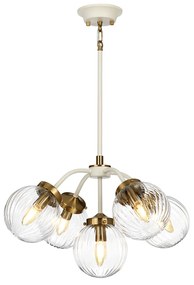 Lampadario Contemporaneo Cosmos Acciaio Crema Vetro Ottone 5 Luci E14