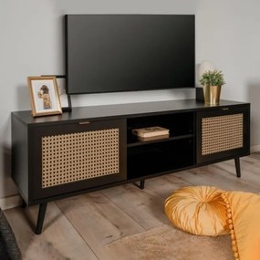 Mobile porta TV 2 ante e vano a giorno nero con frontali effetto vimini Vienna