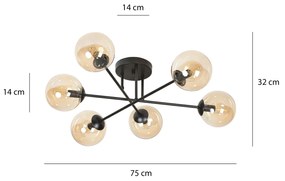 Plafoniera 6 Luci Brandi In Acciaio Nero A Bracci E Sfere In Vetro Ambra