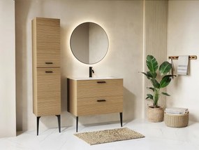 Mobile bagno striato con piedini con lavabo da incasso e colonna - 2 cassetti - Naturale chiaro - 80 cm - SARONE