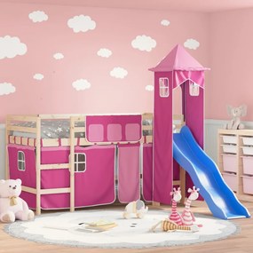 Letto A Soppalco Con Torre Bambini Rosa 80x200cm Massello Pino /