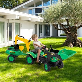 Costway Escavatore a pedali per bambini con 6 ruote rimorchio staccabile e 2 benne, Ruspa per bambini 3-6 anni 2 Colori