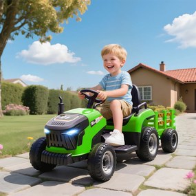 Trattore Elettrico per Bambini 12V con Rimorchio Staccabile 139x58x55 cm e Telecomando Verde...
