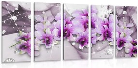 Quadri 5 pezzi – Fiori viola su sfondo astratto
