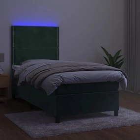 Letto a molle con materasso e led verde scuro 80x200cm velluto