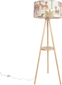 Lampada da terra a treppiede in legno con paralume multicolore con stampa animalier 50cm - Lou
