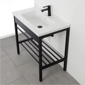 Mobile Bagno con Lavabo in Ceramica, Specchio e Sifone, Vano Portaoggetti, in Acciaio - 80 cm Nero