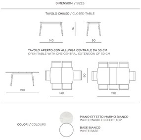 Tavolo allungabile 190 cm con base metallo e piano effetto marmo Bianco COSMO