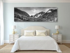 Stampa su tela – Montagne maestose con lago in bianco e nero