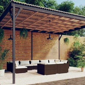 Set divani da giardino 9 pz con cuscini in polyrattan marrone