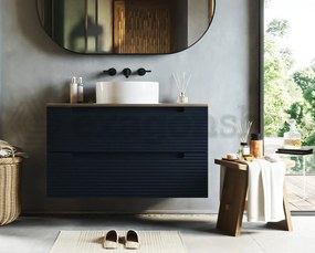 Mobile bagno blu notte 100x45 Mango due cassetti soft close con top quercia e lavabo tondo da appoggio in ceramica lucida