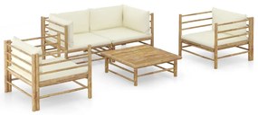 Set divani da giardino 5 pz con cuscini bianco crema in bambù