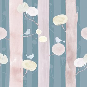 Carta da parati – Uccellini sugli alberi con sfondo blu