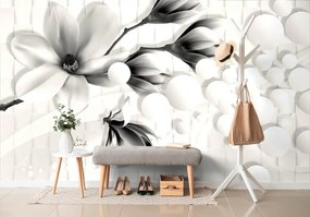 Carta da parati autoadesiva – Magnolia in bianco e nero con elementi astratti