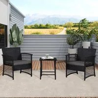 Set 3 Pezzi in Polyrattan Esterno Giardino con 2 Sedie 1 Tavolo Nero e Grigio