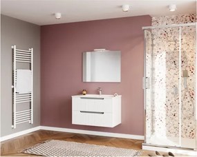 Mobile Da Bagno Cannettato 80 Cm Con Lavabo Specchio E Led LINE - Bianco Lucido