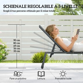 Set 2 Lettini Prendisole Regolabili in 5 Posizioni con Tavolino Laterale e 2 Ruote in Metallo e Poliestere Grigio...