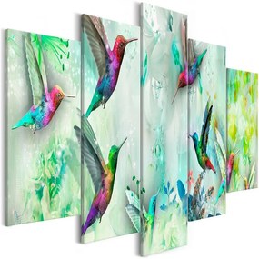 Quadro  Colourful Hummingbirds (5 Parts) Wide Green  Colore Verde, Dimensioni e Misure 200x100