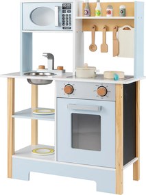 Costway Cucina gioco legno lavagna microonde fornello scolapiatti rubinetto, Cucina lavello finzione accessori bambini 3 anni Blu