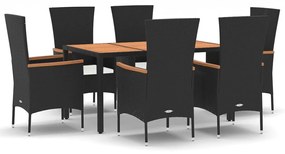 Set da pranzo da giardino 7 pz nero con cuscini in polyrattan