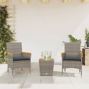 Set Da Bistrò 3 Pz Con Cuscini Grigio Polyrattan E Vetro /