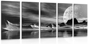 Quadri 5 pezzi – Pianeta futuristico in bianco e nero