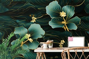 Carta da parati – Fiore verde-oro di lusso