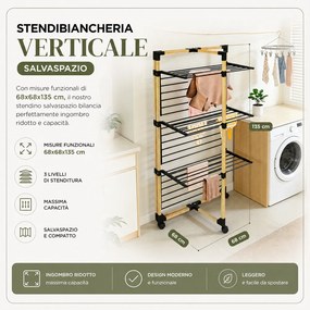 Stendibiancheria a Torre Verticale a 3 Livelli 69x69x136 cm Pieghevole con Ruote Nero e Legno...