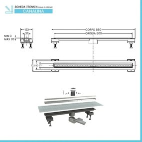 Canalina doccia 80 cm in alluminio reversibile scarico centrale, sifone e piletta inclusi