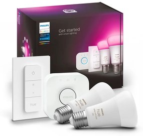 Set da 2 lampadine Starter KT+bridge+dimmer, LED, E27 goccia, opaco, luce fredda, 9W= 806LM (equiv 75 W), 150° dimmerabile, PHILIPS HUE